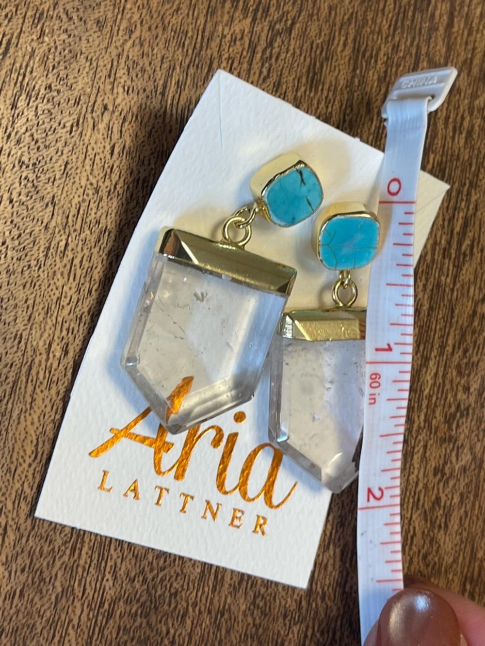 Gold-Tone Earrings with Turquoise Studs and Clear Crystal Drops - Picture 8 of 8